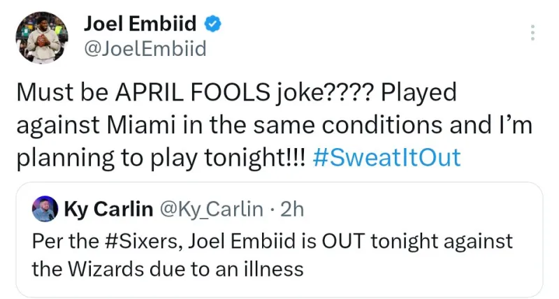 B体育中国官网-恩比德回应缺阵报道:这是愚人节玩笑?我今晚要打